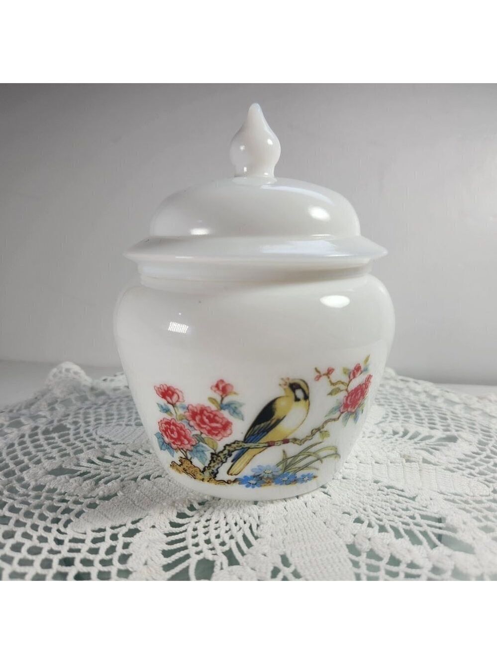 Avon Dynasty Milk Glass Candle Holder Bird on Branch with Flowers Vintage 1980s